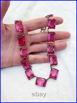 Vintage Antique Art Deco Sterling Pink Crystal Paste Bezel Open Back Necklace
