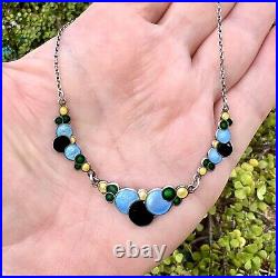 Vintage Antique Art Deco Sterling Silver Blue Black Enamel Bubbles Necklace 17