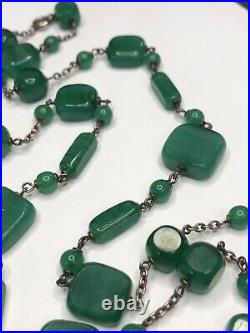 Vintage Antique Art Deco Sterling Silver Czech Green Art Glass Drop Necklace