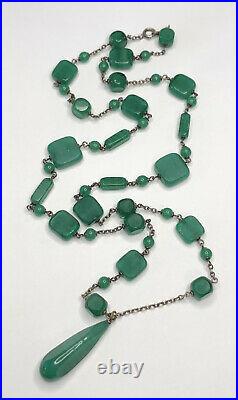 Vintage Antique Art Deco Sterling Silver Czech Green Art Glass Drop Necklace