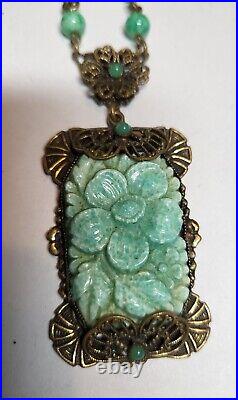 Vintage/Antique CZECH Art Deco Necklace Green Peking Molded Glass 17 in