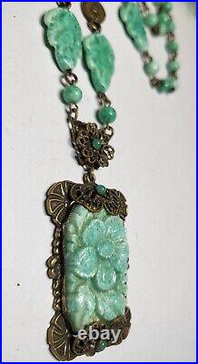 Vintage/Antique CZECH Art Deco Necklace Green Peking Molded Glass 17 in