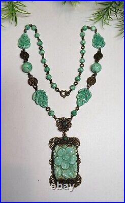 Vintage/Antique CZECH Art Deco Necklace Green Peking Molded Glass 17 in