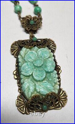 Vintage/Antique CZECH Art Deco Necklace Green Peking Molded Glass 17 in