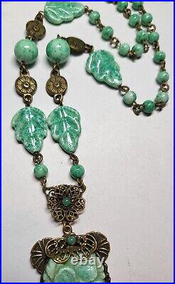 Vintage/Antique CZECH Art Deco Necklace Green Peking Molded Glass 17 in