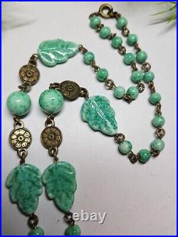 Vintage/Antique CZECH Art Deco Necklace Green Peking Molded Glass 17 in