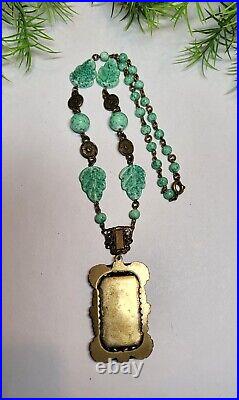 Vintage/Antique CZECH Art Deco Necklace Green Peking Molded Glass 17 in