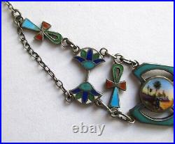 Vintage Antique Egyptian Revival Silver Enamel Collar Necklace Sterling Chain