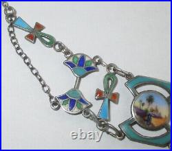 Vintage Antique Egyptian Revival Silver Enamel Collar Necklace Sterling Chain