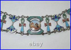 Vintage Antique Egyptian Revival Silver Enamel Collar Necklace Sterling Chain