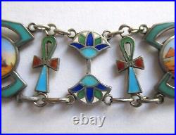 Vintage Antique Egyptian Revival Silver Enamel Collar Necklace Sterling Chain