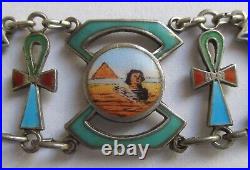 Vintage Antique Egyptian Revival Silver Enamel Collar Necklace Sterling Chain