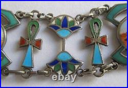 Vintage Antique Egyptian Revival Silver Enamel Collar Necklace Sterling Chain