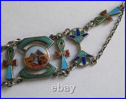 Vintage Antique Egyptian Revival Silver Enamel Collar Necklace Sterling Chain