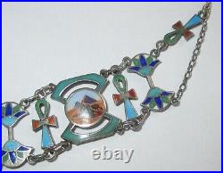 Vintage Antique Egyptian Revival Silver Enamel Collar Necklace Sterling Chain