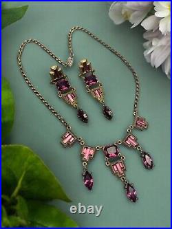 Vintage Antique Estate Art Deco Amethyst Purple Rhinestone Necklace Earring Set