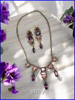 Vintage Antique Estate Art Deco Amethyst Purple Rhinestone Necklace Earring Set