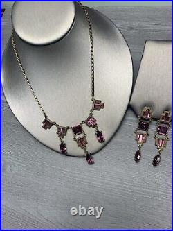 Vintage Antique Estate Art Deco Amethyst Purple Rhinestone Necklace Earring Set