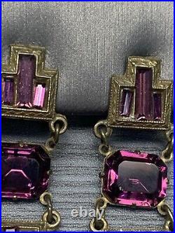 Vintage Antique Estate Art Deco Amethyst Purple Rhinestone Necklace Earring Set