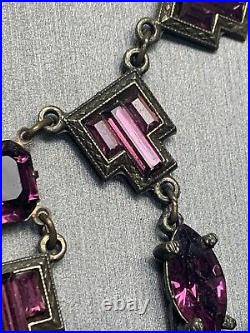 Vintage Antique Estate Art Deco Amethyst Purple Rhinestone Necklace Earring Set