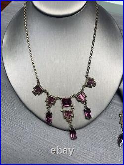 Vintage Antique Estate Art Deco Amethyst Purple Rhinestone Necklace Earring Set