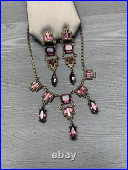 Vintage Antique Estate Art Deco Amethyst Purple Rhinestone Necklace Earring Set