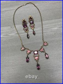 Vintage Antique Estate Art Deco Amethyst Purple Rhinestone Necklace Earring Set