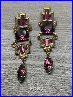 Vintage Antique Estate Art Deco Amethyst Purple Rhinestone Necklace Earring Set