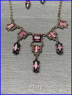 Vintage Antique Estate Art Deco Amethyst Purple Rhinestone Necklace Earring Set