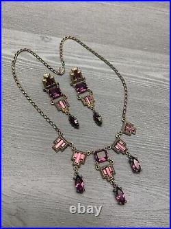 Vintage Antique Estate Art Deco Amethyst Purple Rhinestone Necklace Earring Set