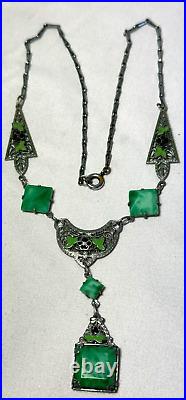 Vintage Antique Green Glass Filigree Enamel Art Deco Necklace -free Ship