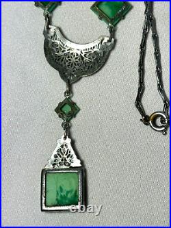 Vintage Antique Green Glass Filigree Enamel Art Deco Necklace -free Ship