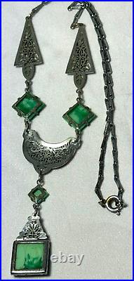 Vintage Antique Green Glass Filigree Enamel Art Deco Necklace -free Ship