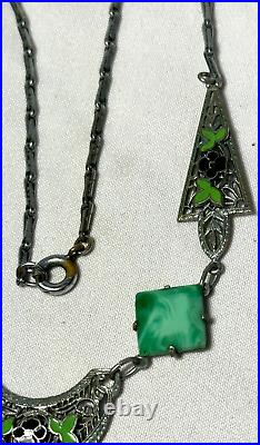 Vintage Antique Green Glass Filigree Enamel Art Deco Necklace -free Ship