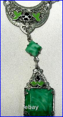 Vintage Antique Green Glass Filigree Enamel Art Deco Necklace -free Ship