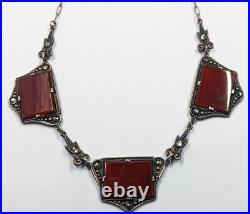 Vintage Antique Necklace Art Deco 1920s Carnelian Marcasites Sterling Silver