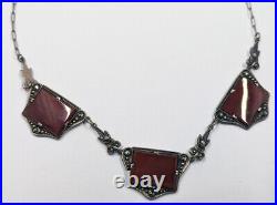 Vintage Antique Necklace Art Deco 1920s Carnelian Marcasites Sterling Silver