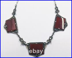 Vintage Antique Necklace Art Deco 1920s Carnelian Marcasites Sterling Silver