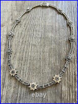 Vintage Antique Sterling Silver Marcasite Art Deco Flower Necklace 52.6g 17.5