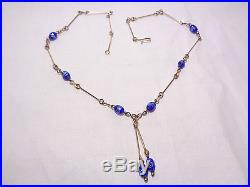Vintage Antique Venetian Foil Blue Gold Glass Bead Necklace Art Deco