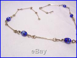 Vintage Antique Venetian Foil Blue Gold Glass Bead Necklace Art Deco