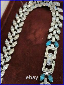 Vintage Antq Trifari Signed Art Deco Choker Necklace Navette Clear & Blue Topaz