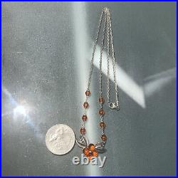 Vintage Art DECO Sterling Silver 925 HONEY AMBER Cabochon Leaves Necklace