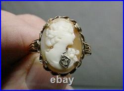 Vintage Art Deco 10K Gold Cameo Diamond Necklace Ring