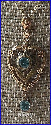 Vintage Art Deco 10k Esemco Blue Topaz Flower Pendant & 14K Necklace 18