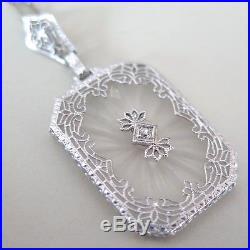 Vintage Art Deco 10k White Gold Filigree Rock Crystal Diamond Pendant Necklace