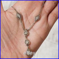 Vintage Art Deco 14K Gold Filigree Diamond Drop Necklace Old European Cut 5.6 gr