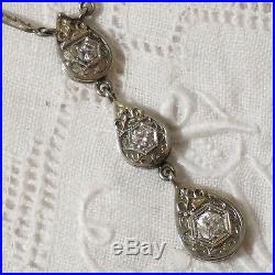 Vintage Art Deco 14K Gold Filigree Diamond Drop Necklace Old European Cut 5.6 gr