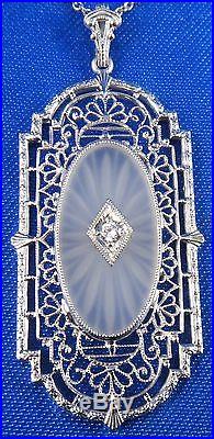 Vintage Art Deco 14K White Gold Genuine Diamond Camphor Glass Pendant Necklace