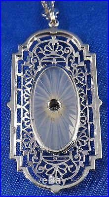 Vintage Art Deco 14K White Gold Genuine Diamond Camphor Glass Pendant Necklace